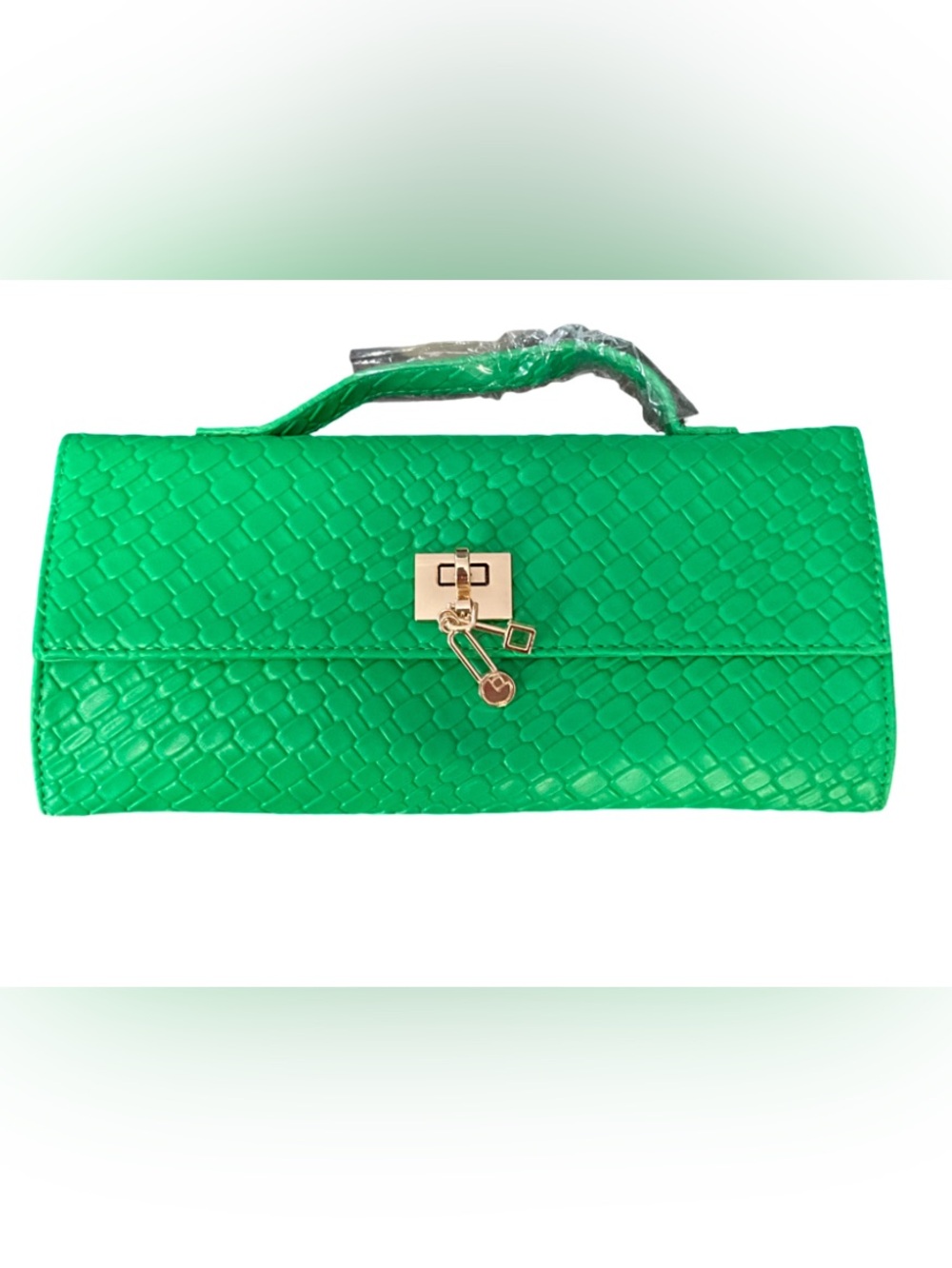 Green Woven Embossed Top Handle Structured Handbag Gold Hardware